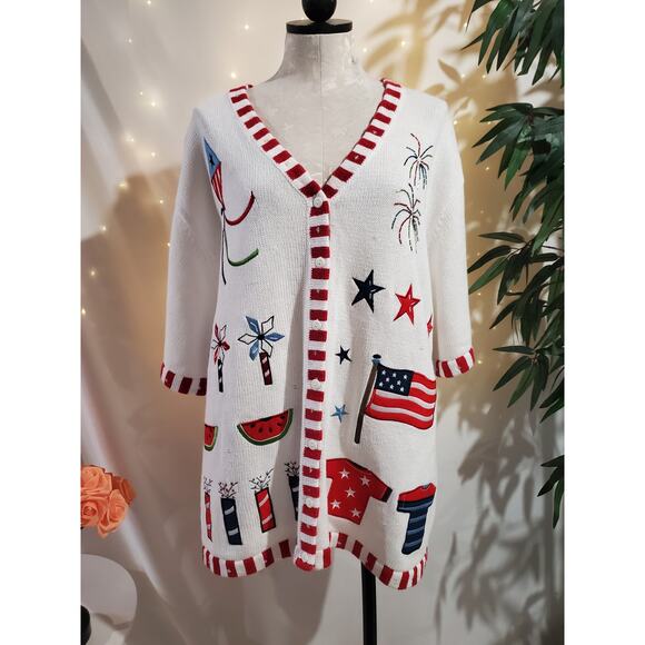 Vtg Quacker Factory NWT Patriotic American Flag USA Sequin Button Cardigan 3X - Picture 1 of 11